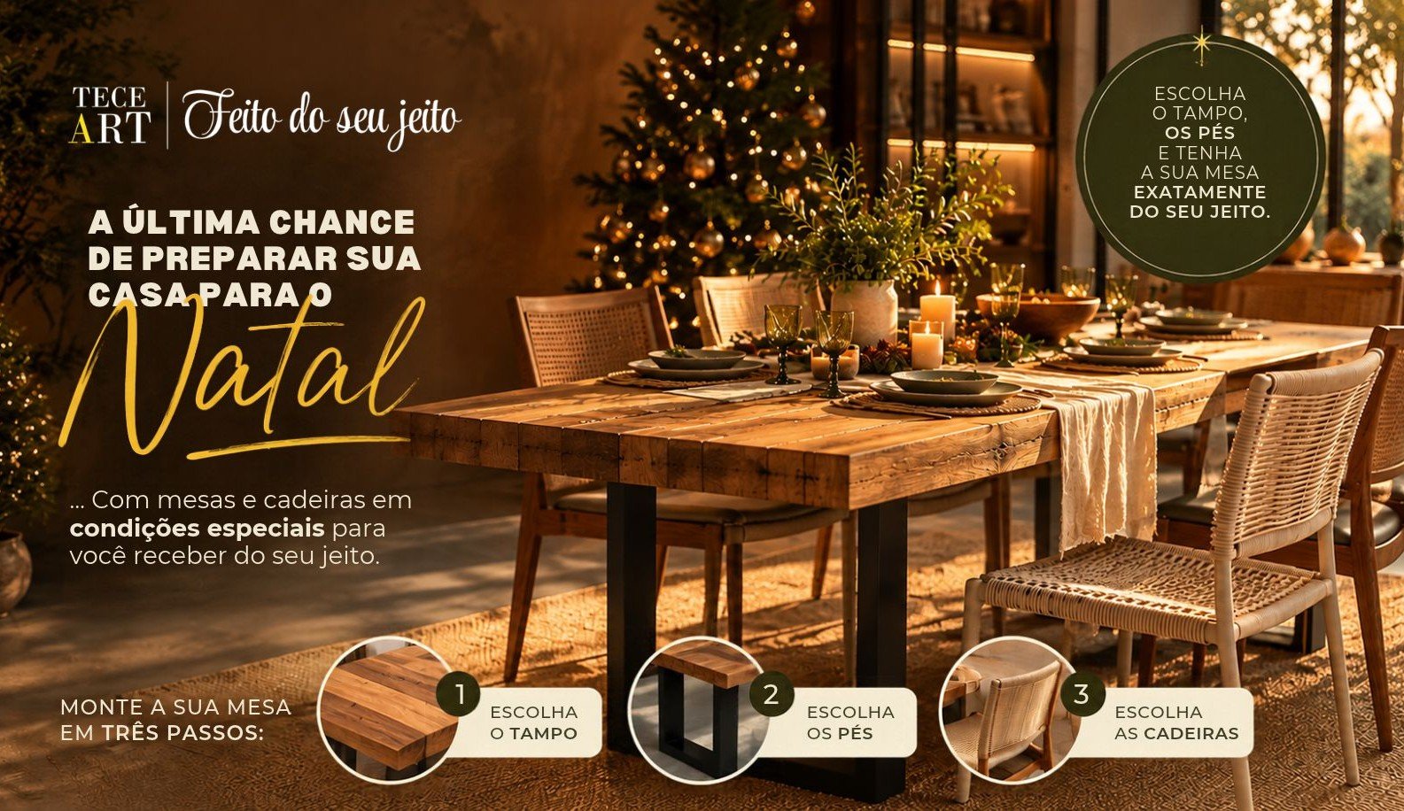 Ambiente de jantar com mesa de madeira personalizável e cadeiras TECEART, da campanha Feito do seu jeito.
